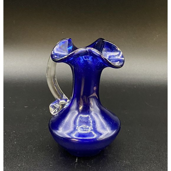 Vintage Blue Cobalt Clear Applied Handle Vase 5” Pitcher Hand Blown - Picture 2 of 8